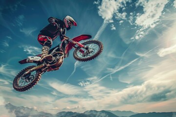 Naklejka premium Rider performing stunt on dirt bike, high-flying through the air