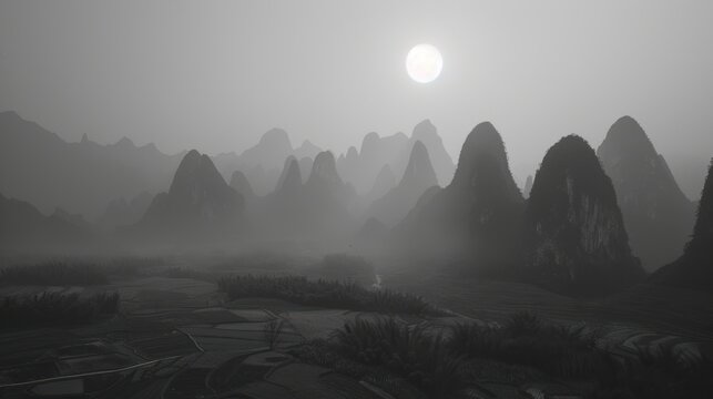 Mysterious mountain landscape with fog and moonlight