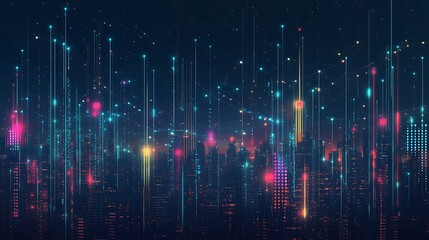 Futuristic cityscape with glowing lines and dots representing data connections, signifying a technological and interconnected urban environment.