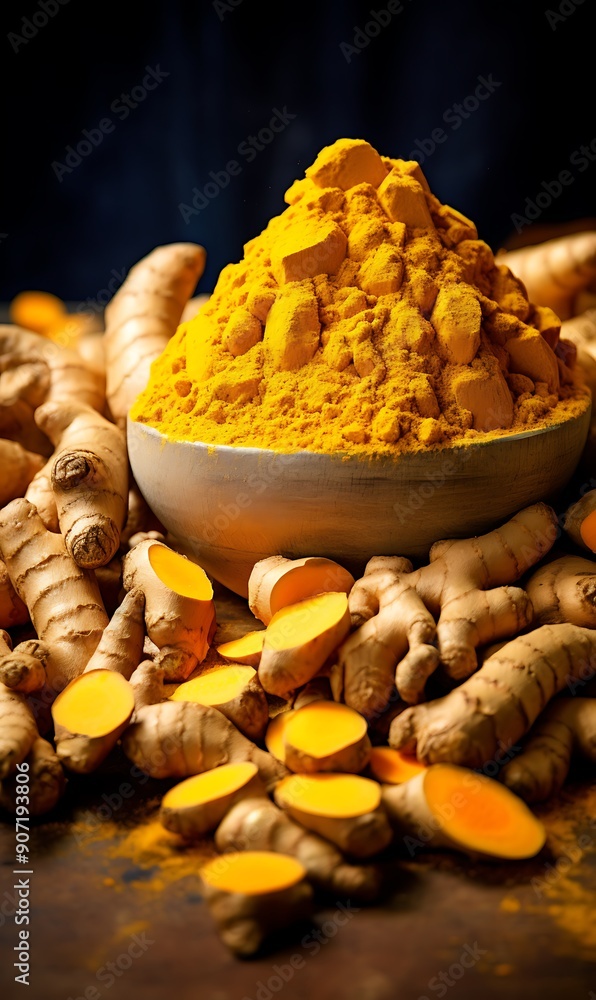 Wall mural turmeric powder and fresh turmeric roots on wooden table