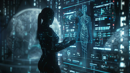 Science hologram on medical screen and DNA hud data analysis with futuristic research background