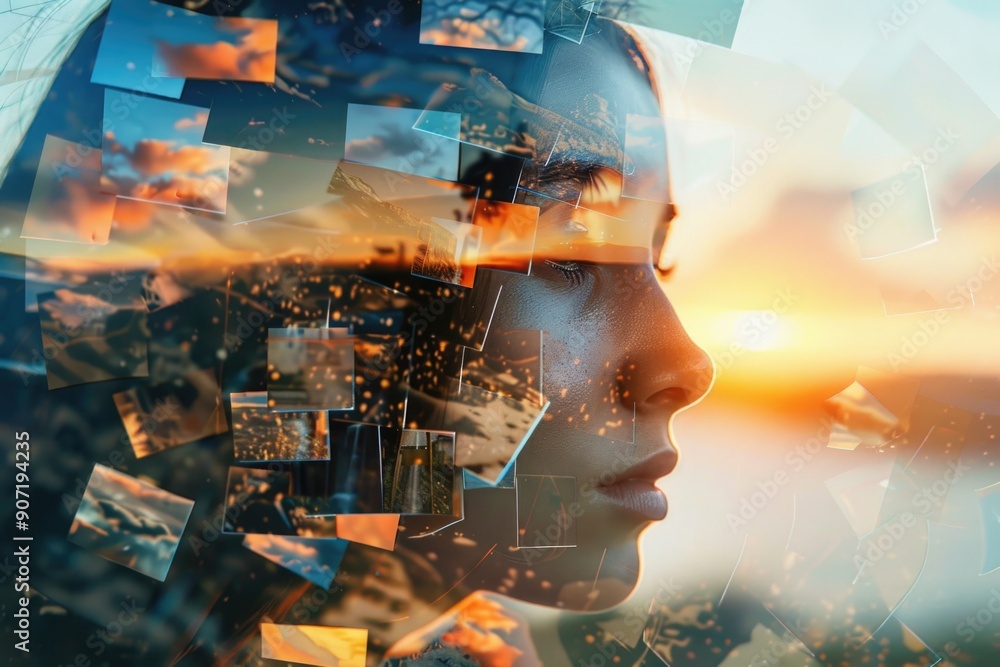 Poster A woman's face with multiple images of buildings in the background, suitable for use in presentations or articles about architecture or urban planning