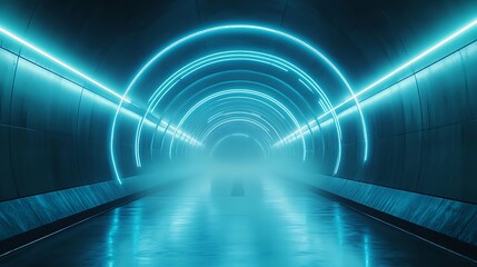 Obraz premium Futuristic tunnel with glowing blue neon circles and fog.