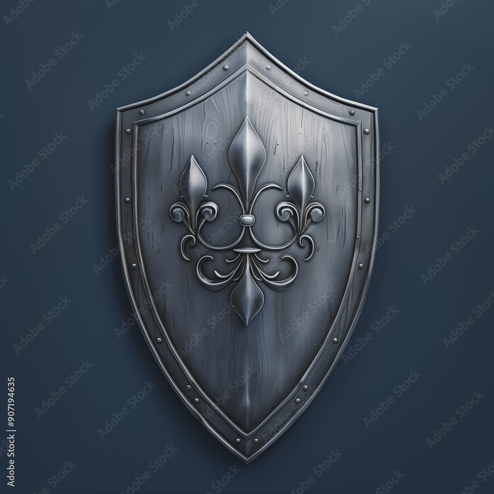 Wall mural medieval shield with fleur-de-lis emblem and detailed engravings on a dark background