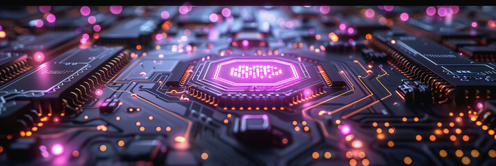 Close-up of a microchip with glowing purple circuitry in a high-tech environment
