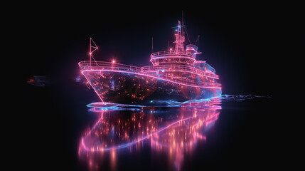 Futuristic neon-lit ship sailing through dark waters with glowing trails
