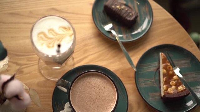 Top view of a latte with foam art, hot chocolate