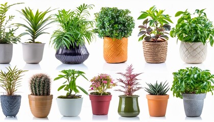 Various types of indoor plants beautifully arranged in eco-friendly pots, isolated on white background. Lush greenery and natural elegance, perfect for nature lovers and sustainable living enthusiasts