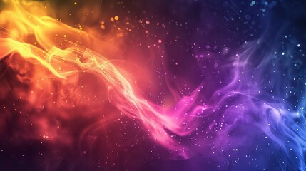 A digitally-created abstract background featuring swirling smoke in vibrant yellow and purple hues, illuminated by soft, glowing lights.