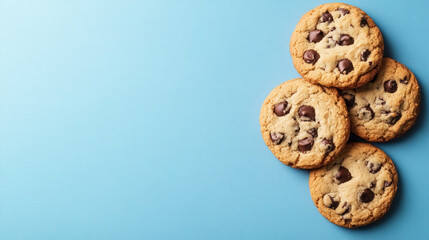 freshly baked chocolate chip cookies on light blue background