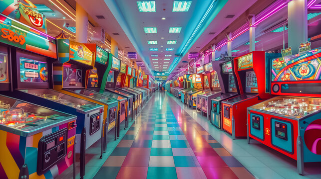 Vibrant neon-lit arcade room filled with classic pinball machines and colorful lights
