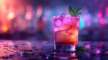 Cocktail Drink with Ice and Mint in a Glass on a Wet Bar Counter - Realistic Photo