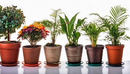 Various types of indoor plants beautifully arranged in eco-friendly pots, isolated on white background. Lush greenery and natural elegance, perfect for nature lovers and sustainable living enthusiasts