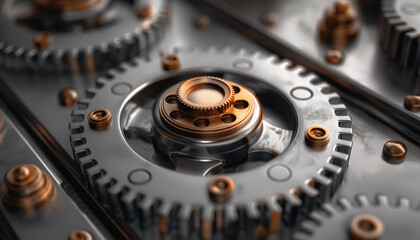 Detailed close-up of industrial gears with metallic textures and mechanical precision
