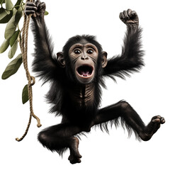 Fototapeta premium Chimpanzee Swinging on Rope with Open Mouth