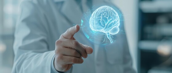 A doctor in a white coat pointing at a hologram icon of a brain