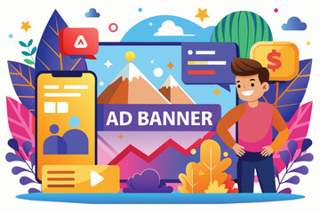 Naklejka premium Happy Man Looking at Successful Ad Banner with Increasing Graph