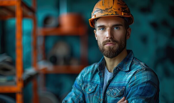 A confident mannequin engineer stands with crossed arms, wearing a hard hat against a deep teal background, symbolizing professional expertise and determination.