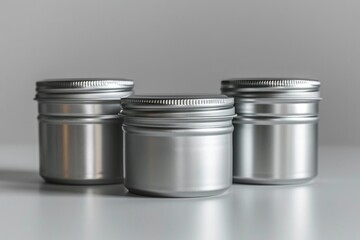 Three silver jars sitting on a table, perfect for decorative use or as props in still life photography