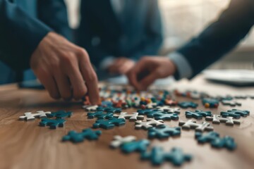 Naklejka premium A group of professionals in suits assembling a jigsaw puzzle in a modern office
