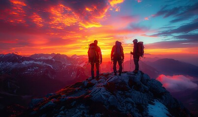 Three adventurers, silhouetted against a vibrant sunset, stand together on a rocky peak, symbolizing adventure, camaraderie, and shared experiences.