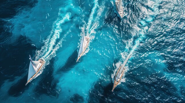 Sailboats racing across the vast cerulean ocean, their sails billowing in the wind