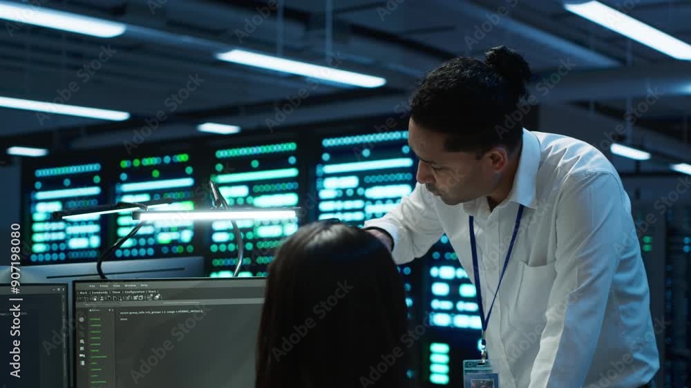 Poster team of admins in data center ensuring system can handle networking tasks. teamworking colleagues in