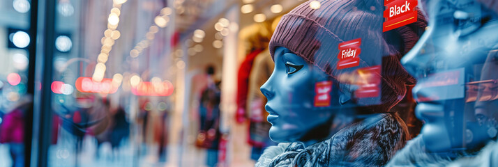 A store interior with jackets on display and a red signboard with the text “Black Friday”