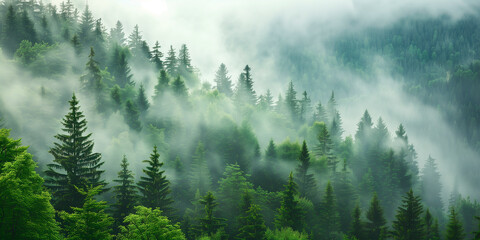 A pine forest with mist in the trees