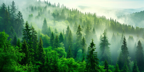 Fototapeta premium a pine forest with morning mist in autumn