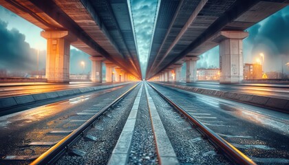 Fototapeta premium Serene Journey Underneath the Overpass Train Tracks Leading to the Horizon, Cityscape Background, Concrete Structure, Travel, Transportation, Infrastructure, Urban Exploration