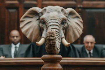 An elephant in a judges robe and gavel presides over a courtroom
