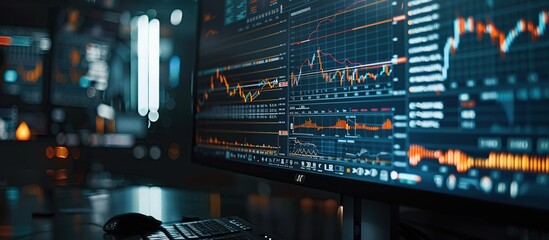 Obraz premium Screen with Stock Market Candle Chart of Industry Average Equity Index. Stock Exchange Software on Monitor.