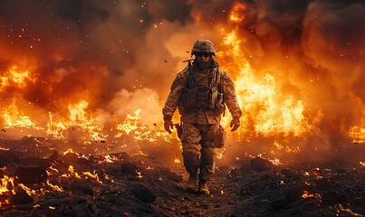 Naklejka premium A soldier in full gear stands against a backdrop of intense fire and thick smoke, symbolizing the chaos and extreme intensity of a battlefield environment.