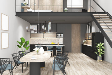 3d render of design interior loft of minimal style, bedroom above the pantry with frame mock up. Light parquet floor, light gray wall and gray ceiling. Set 12