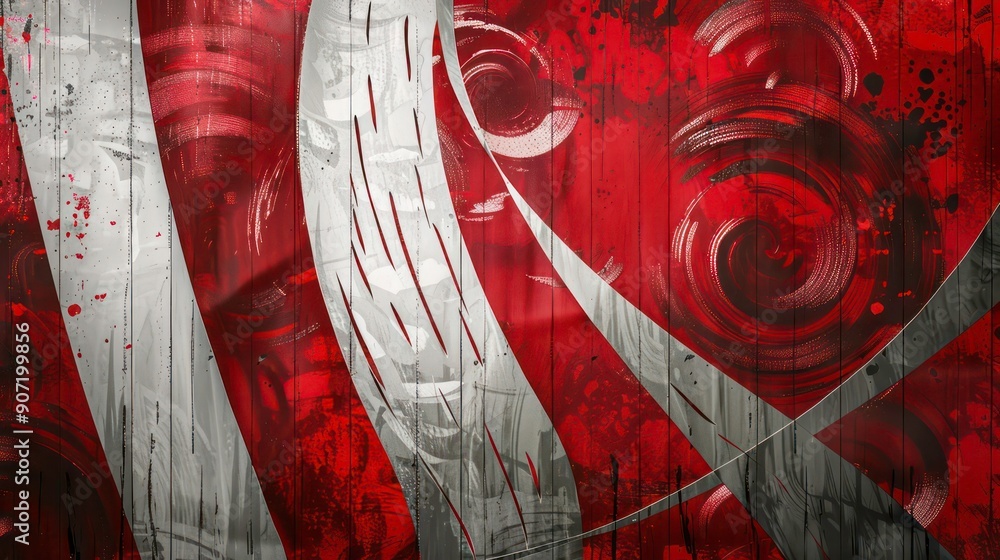 Poster the image displays an abstract art piece featuring swirling patterns in red, black, and gray with su
