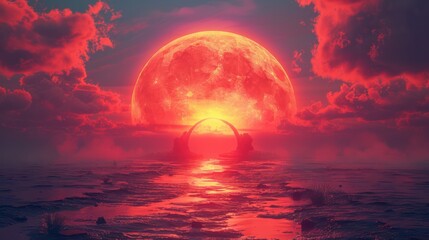 Serene Sunset Journey Through a Mystical Archway with a Vibrant Red Moon, A Stunning Digital Artwork