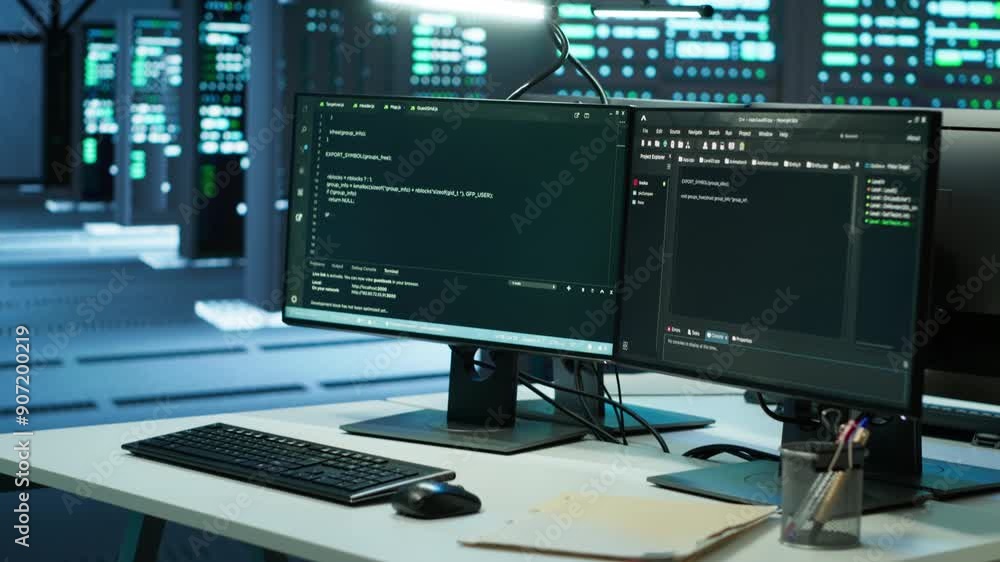 Poster data center workplace with networking systems installed used for managing rigs. computer displays on