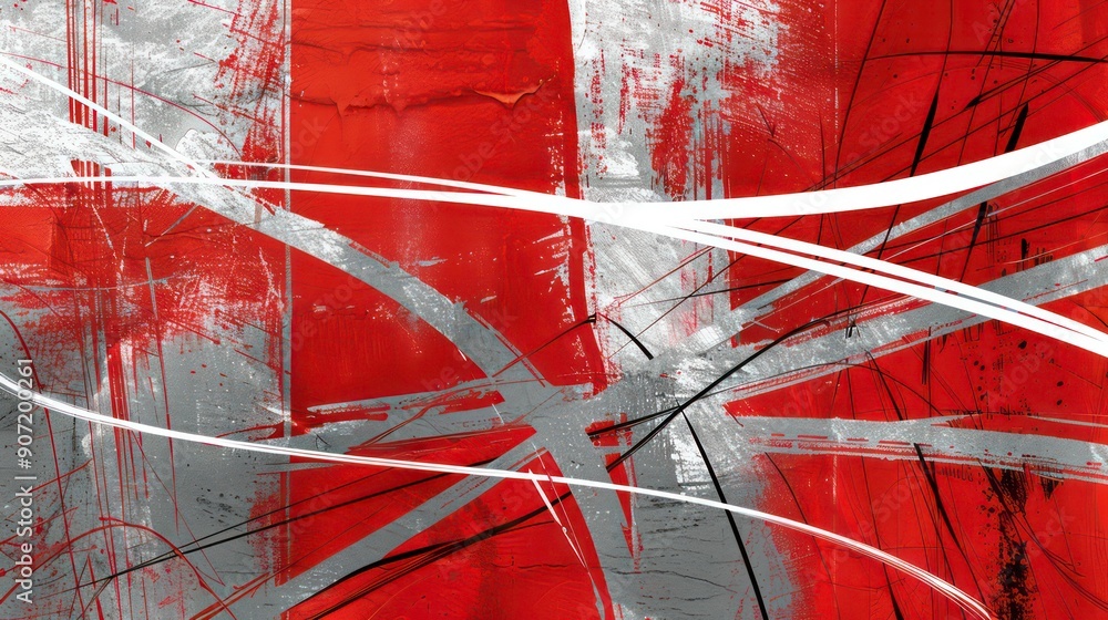 Poster an abstract painting with a chaotic arrangement of red, white, black, and grey lines creating a dyna