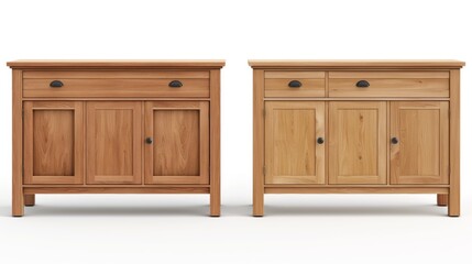 Two wooden cabinets side by side, one is dark brown and the other is light brown