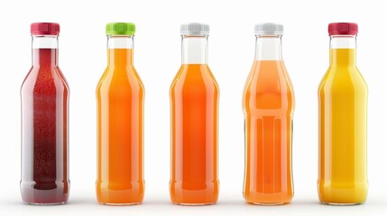 Five bottles of juice lined up on a white background