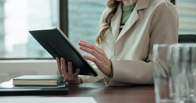 Business woman, tablet and scrolling at work for communication, news article or information for company. Female person, tech and connection in modern office, connection and reading on website or app
