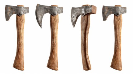Four wooden axes are shown in a row, with the first one being the shortest