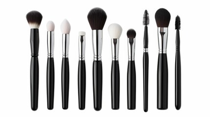 A row of makeup brushes with a white background