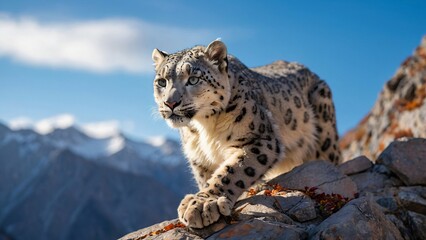 Obraz premium Majestic Snow Leopard in Natural Habitat Against Mountain Backdrop