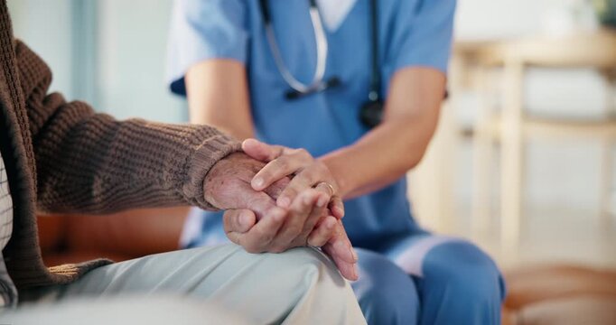 Senior man, nurse and holding hands for support with compassion, healthcare and comfort in home. Elderly person, caregiver and consultation with sorry for dementia, retirement and advice with empathy