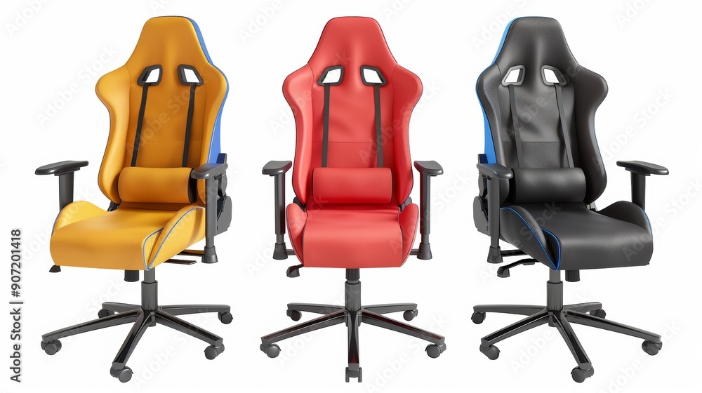 Aufkleber three chairs are shown in a row, each with a different color
