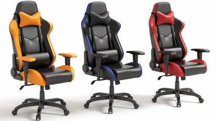 Three different colored leather office chairs are shown in a row