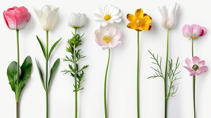 A row of flowers with different colors and shapes