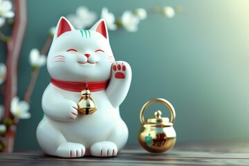 A small cat figurine sits beside a golden pot, ready for use in various settings